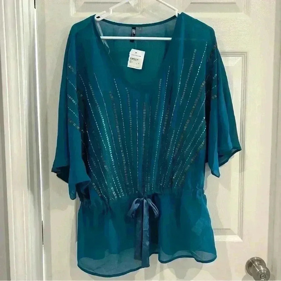 NWT KUT from the Kloth Women Blouse Sz XL Embellish Beaded Sheer Short Sleeve - Picture 1 of 10